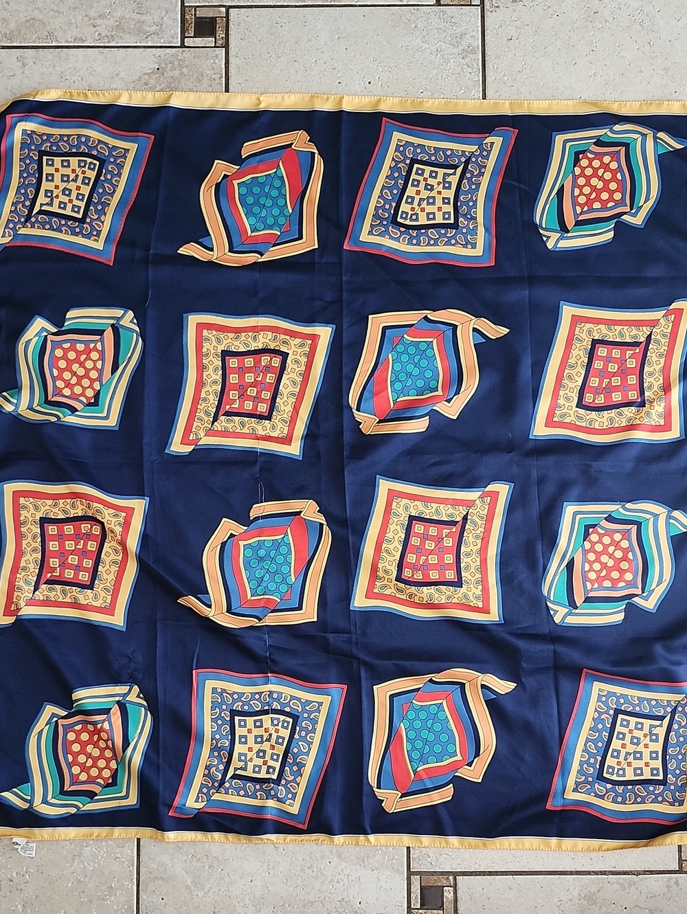 Vtg Symphony Scarfs Navy Geometric Print Square Scarf with Yellow Border